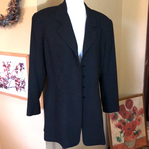 Vintage TAHARI Size 12 Intricate Beaded Scroll Front Long Blazer Laine Wool USA - Picture 9 of 16